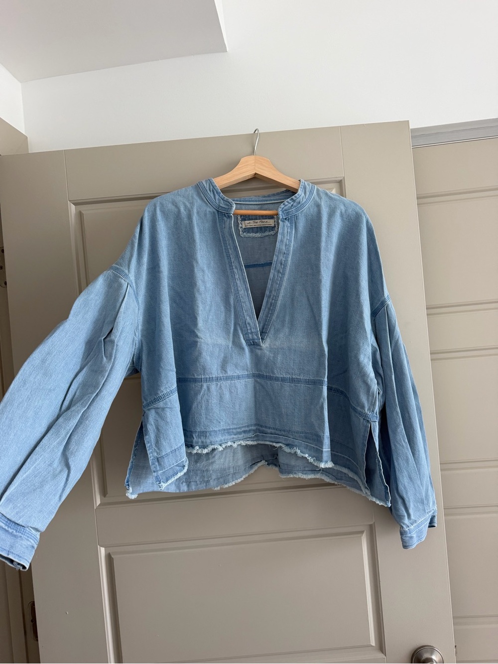 Free People We The Free Light Blue Denim V-Neck Pullover Top